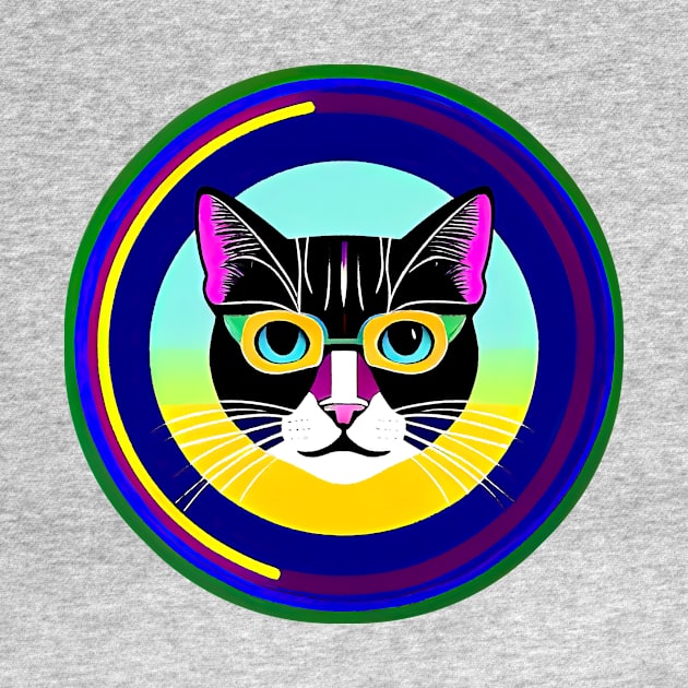 Cool Tuxedo Cat In Yellow Glasses. Colorful Round Geometrical Composition by funfun